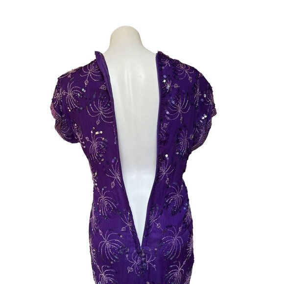 Vintage 90s Beaded Silk Cocktail Dress Royal Purple Size 6 XS/S - Picture 7 of 10